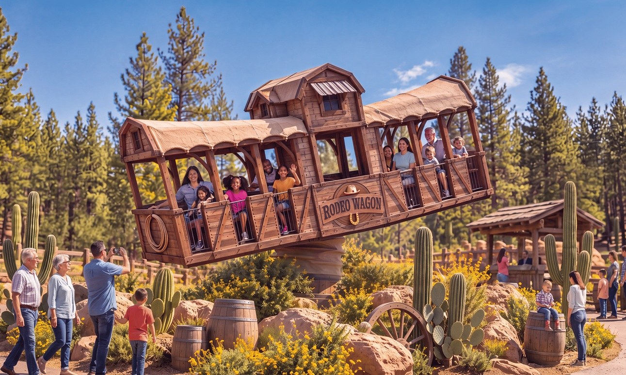 Vue d'artiste de l'attraction Rodeo Wagon prévue à O'Fun Park au Bernard en avril 2027
